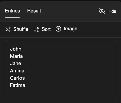 Entries panel from the picker wheel
